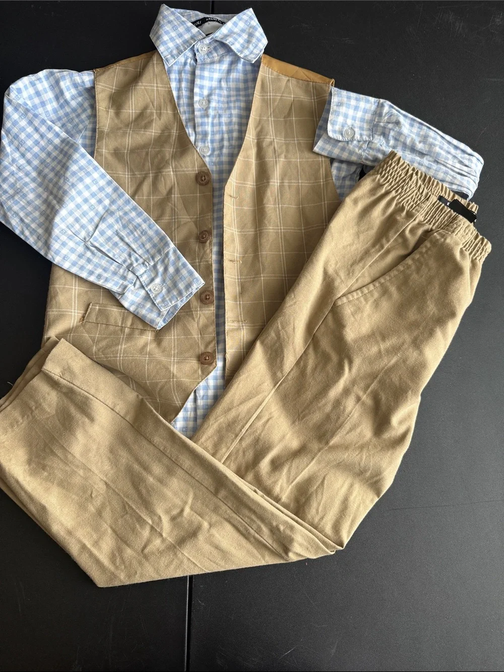 Kenneth Cole Reaction Boys Tan Khaki Pants & Vest Set with Blue Check Shirt - Picture 1 of 1